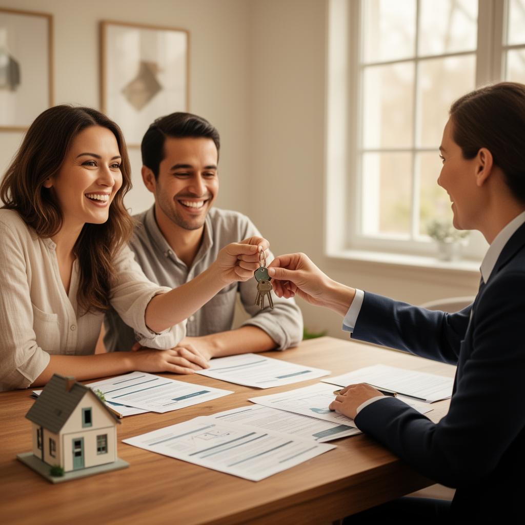 Happy couple receiving keys from a finance specialist